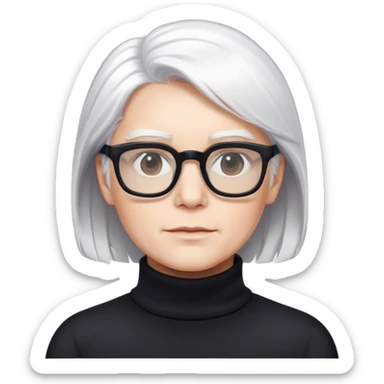 White hair person, square glasses, black turtleneck sticker