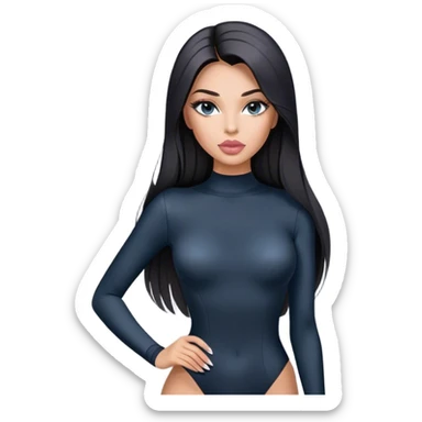 Glamours, tanned, very beautiful girl, with big pump peach-beige-rose lips, long long lashes, black straight smooth silky long hair, straight parting hair, blue-grey eyes, black long-sleeves bodysuit sticker