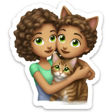 Girl with curly brown hair and hazel eyes kissing a brown tabby cat with green eyes sticker