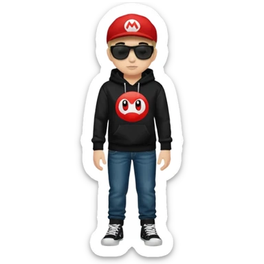 chico vestido de negro con sudadera negra logotipo super Mario con jeans Levis negros tenis converse negros gafas ray-ban fotogray y audífonos Sony sticker