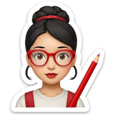Morena girl with black hair that's in a bun style, with a pencil holding the bun in place. she has a cute rectangular red glasses sticker