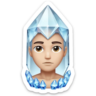 A single crystal character inspired by a clear quartz cluster, chunky base with many tall transparent crystal spikes growing upward all around it with a face sticker