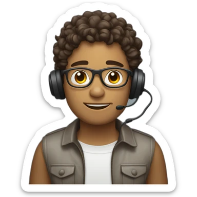 curly brown short hair guy with a headset with Symbols on Mouth sticker