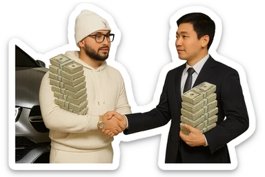 Add an Asian man shaking hands with the main person, both holding realistic money. Keep the car in the background. Maintain the main person's white skin tone, black goatee and facial hair, white hoodie, white sweats, white Louis Vuitton beanie, Cartier glasses. Match the style and pose of the reference image. The style should be realistic and consistent with the original image. sticker