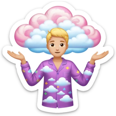 person in pajamas, arms open, vibrant swirling dream cloud overhead sticker