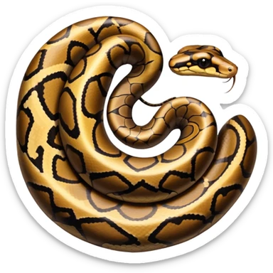 A photo-realistic top-down view of a Ball Python gently coiled into a tight spiral, with its head resting peacefully at the center. The pattern flows smoothly around the curves of its body, emphasizing its natural camouflage and calm demeanor. sticker