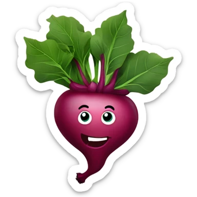 miling beetroot with big expressive eyes, rosy cheeks, and a green leaf on top. Simple and bright design with a cheerful and cartoonish style. sticker
