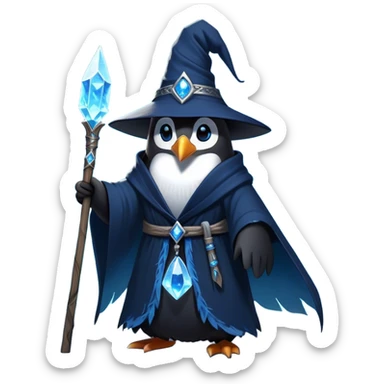 A mysterious penguin mage with sleek midnight-blue feathers, wearing a flowing black robe adorned with silver runes. A tall, pointed wizard hat sits slightly tilted on his head, the brim casting a shadow over his glowing icy-blue eyes. His flipper clutches an ancient wooden staff topped with a swirling crystal, radiating a soft, cold light. Snowflakes drift around him as he stands on a frozen cliff, his aura crackling with arcane energy, ready to summon a blizzard with a flick of his staff. sticker