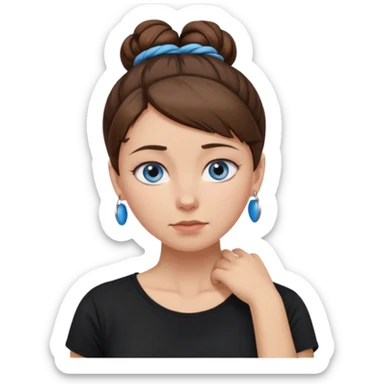 apple style emoji of a woman with blue eyes, brown hair in a bun, holding her neck with a pained expression, wearing a black T-shirt sticker
