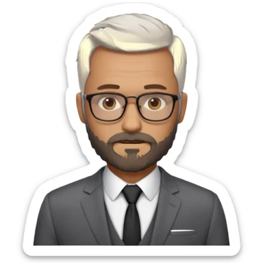 Create a figure that reflects an experienced entrepenurr but who has professional and elegant clothing, shaved hair, light grey glasses, brown eyes and an unkempt beard sticker