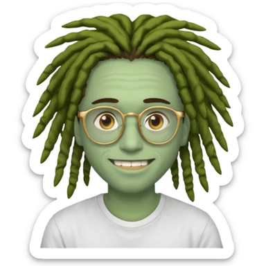man with brown dreads white tee golden eyes light green skin glasses and white smile sticker