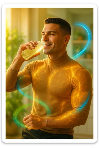 Athletic man around 30 years old, early morning, drinking a transparent electrolyte-rich beverage from a bottle. Body illuminated by natural golden light, with a light energetic aura around muscles symbolizing regeneration and recovery. Relaxed and vital expression, hydrated and glowing skin. Around him, light and colorful flows (blue, green, orange) represent electrolyte balance: sodium, potassium, magnesium. Natural environment or modern minimalist kitchen. Positive, clean, and invigorating atmosphere. Vertical 9:16 format. Inspired by the face in the reference photo. sticker