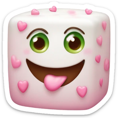 Sugar cube with granulated texture, pink hearts, blushing smile, green and brown eyes with lashes sticker