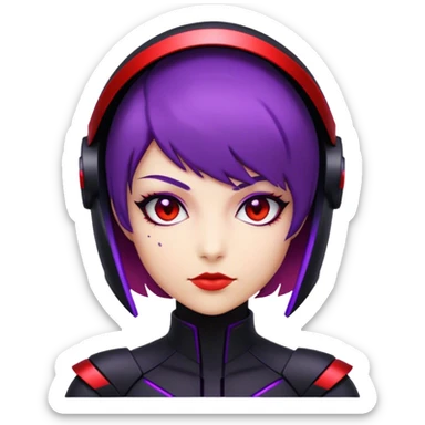 A futuristic assassin with a sleek black suit, short purple hair, and glowing red visor sticker