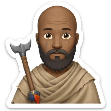black ancient man, tattered cloth with raw stick weapon, beard and bold sticker