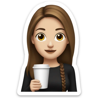 long straight brown hair, white skin woman in black long sleeve and black jeans, standing and holding shopping bags and a coffe cup sticker