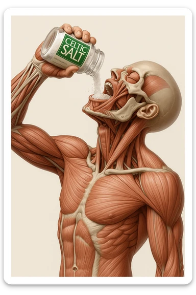 Create a vertical hyperrealistic 4K medical illustration exactly matching the style and composition of the reference image. The subject is an anatomically accurate human body holding a jar labeled 'CELTIC SALT', pouring salt into his mouth. The background should be neutral and clear. The image must be extremely detailed, vertical format, with the same pose and lighting as the reference. sticker