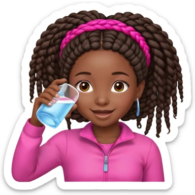 A young afro girl with African braids drinking Water. She has a happy face and is dreesed on pink sticker