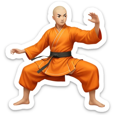 A powerful Shaolin monk in the middle of an intense kung fu battle, dressed in traditional orange robes with a shaved head. He performs a dynamic martial arts move, his body balanced on one foot while delivering a precise, high-speed punch sticker
