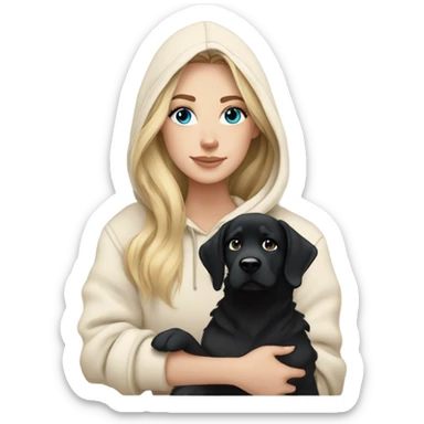 White girl blue eyes Blonde balayage long hair beige hoodie cuddling black dog sticker