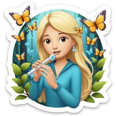 woodland sticker character, blonde woman playing crystal flute, butterflies around sticker