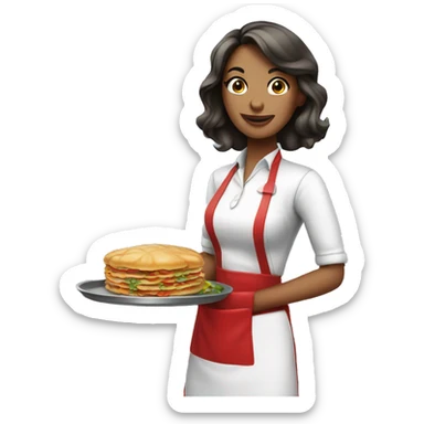 beautiful waitress in a red apron with a tray with food in a hand sticker