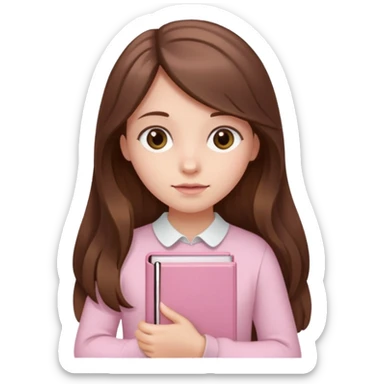 girl with fair skin and long brown hair holding a closed pale pink book sticker