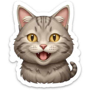 A high-resolution photo-realistic digital illustration of a solid grey tabby cat, eyes closed, head titled up yawning sticker