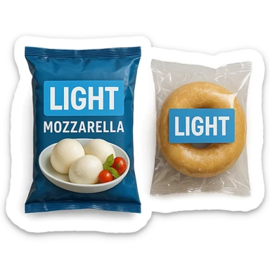 PACCHTTO DI MOZZARELLA LIGHT CON LA SCRITTA "LIGHT" SULLA CONFEZIONE, ACCANTO AD UN DONUT CONFEZIONATO CON LA SCRITTA "LIGHT" SULL'ETICHETTA,  iperrealistico 4k sticker