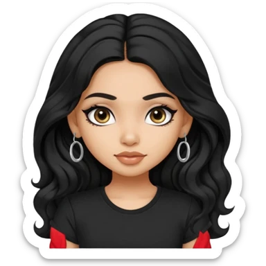 a pretty FAIR indian bratz girl with wavy long black hair, wearing a black tshirt, eyeliner on sticker