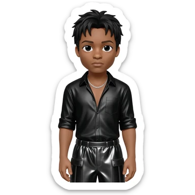 Gerald Levert with black short hair, black metallic shirt, black metallic baggy pants, silver necklace sticker