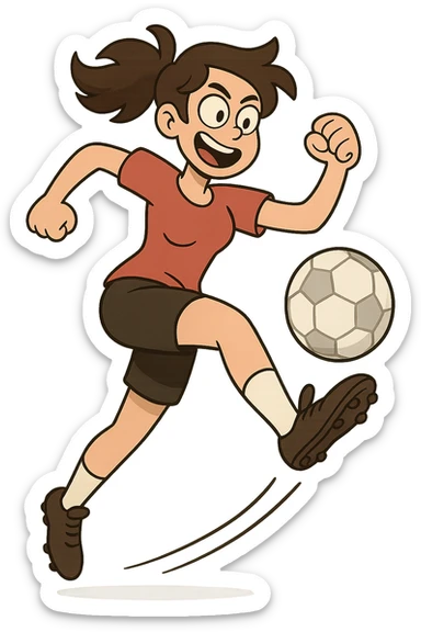 woman playing soccer, wearing a red shirt, energetic pose, clear soccer ball, dynamic action, illustration sticker