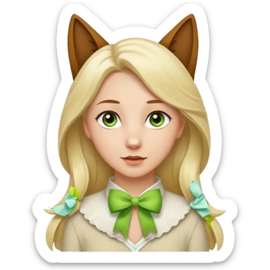 A white Long Wave blonde Hair Woman with blue-green eyes with a Brown eyed White Shepard with a little bit beige in then end of the ears and a lneom Link bow in neck in a lovely pose sticker