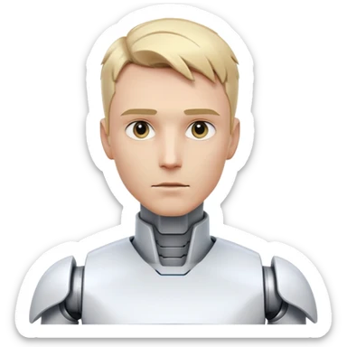 Male robot with short blond hair, sharp jawline, intense eyes, white tech clothing, neutral expression, futuristic assistant sticker