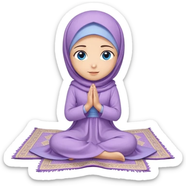 Turkish beautiful finish Konya muslim girl blue eyes with light purple color flower hijab long tail dress and sits on the pray mat namaz on the ground with dua  sticker