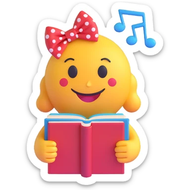 3D smiley emoji with big eyelashes, red polka dot bow, holding a book with musical notes, smiling sticker