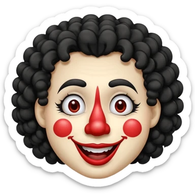 generate clown emoji with a big curly black hair 

wide black smile, long and pointy white nose sticker