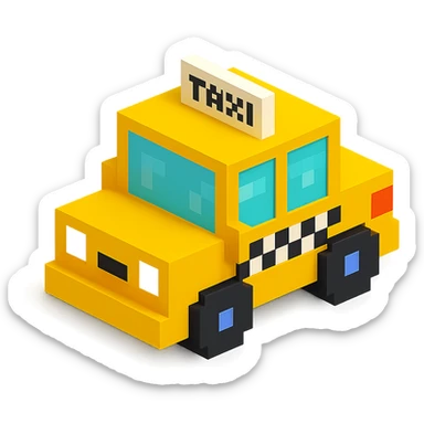 voxel-style yellow taxi cab, blocky wheels, isometric view sticker