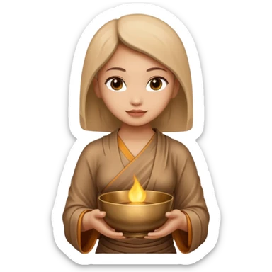 A woman holds a Buddhist empty bowl in her hands. There is a glow around the girl. sticker