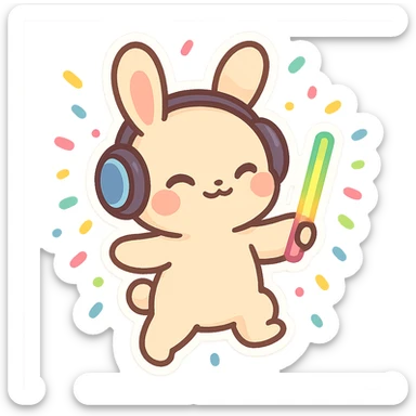 cute rave bunny wearing headphones, holding a glow wand, surrounded by confetti, festive mood sticker