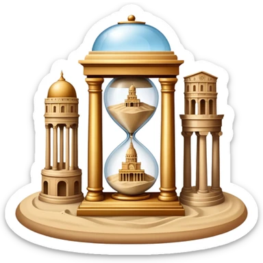 icon featuring ancient scrolls, quill pen with famous historical landmarks and monuments in the background like colliseum. Large, antique sand clocks with sand pouring out represent the passage of time. Historical figures are depicted as statues. Transparent background. sticker