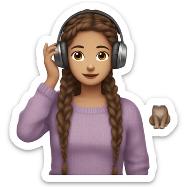 Brown hair girl, Boho braids, brown eyes, violet sweater, headphones, clear glass, brown skin, and cat in hands sticker