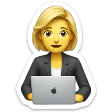 A journalist writes an article on a laptop sticker