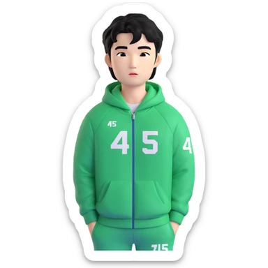 Draw Seong Gi-hun (Player 456), Korean male, messy black hair, green tracksuit with white number 456 printed on chest. sticker