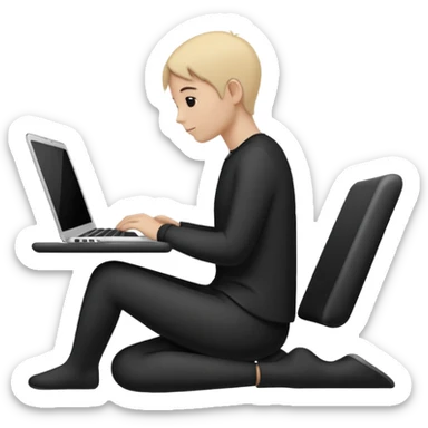 Minimalistic flat vector icon, iOS style, thin black contour on white background. Person silhouette sitting with a laptop, code brackets <> on the screen. Clean, no te sticker