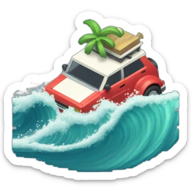 A small car surfing a big wave in pixel art sticker