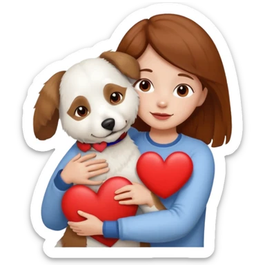 Older white bishon dog in hug with girl with brown hair and red heart between them sticker