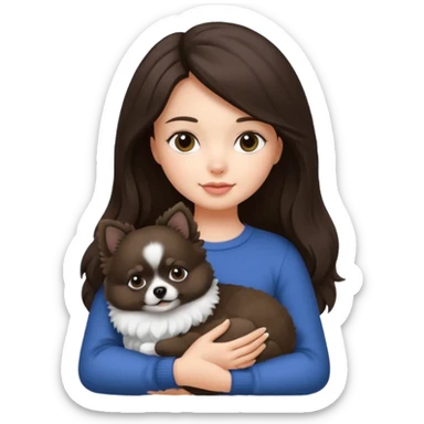 an brunette hair girl holding her pomeranian dog that looks like a panda sticker