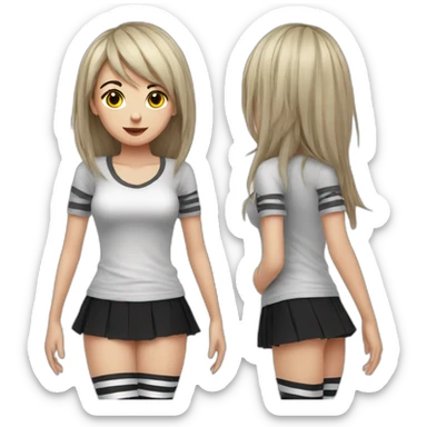 Frontal view curvy emo girl sits white skirt striped stockings hands up sticker