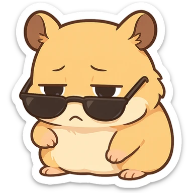 A hamster wearing sunglasses, the sunglasses have slipped down to the bottom of the eyes, the hamster lowered his head, his eyes were dull, sticker